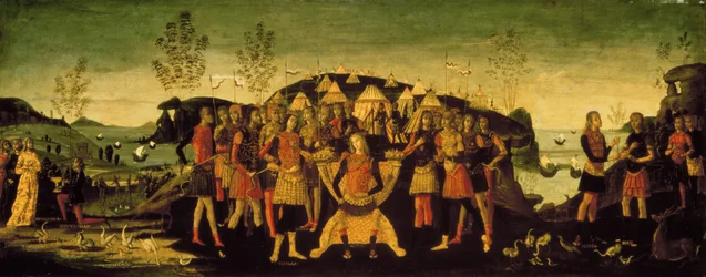 Scipio Africanus (237-183 v. Chr.), römischer General, mit dem gefangenen numidischen Prinzen Sphax, dessen Frau Sophonisba, eine karthagische Adlige, links steht, ca. 1490